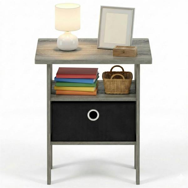 WALPLUS Andrey End Table Nightstand with Bin Drawer, French Oak Grey/Black | Stylish Table for Home Use with Practical and Modern Design