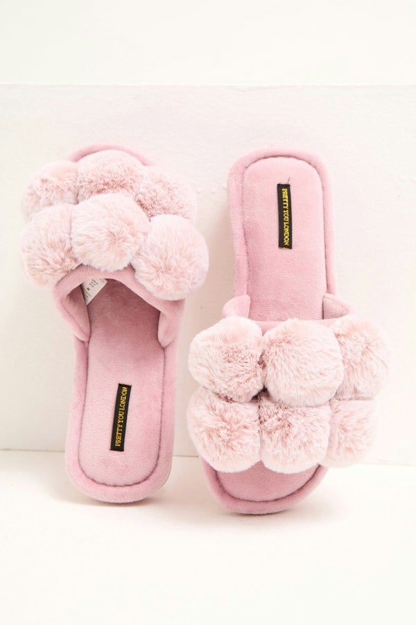 Pretty You London Women's Dolly Pom Pom Slippers in Pink