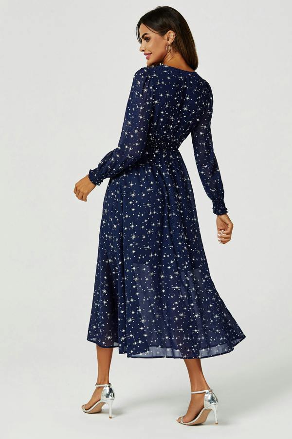 FS Collection Silver Star Foil Long Sleeve Maxi Dress In Navy