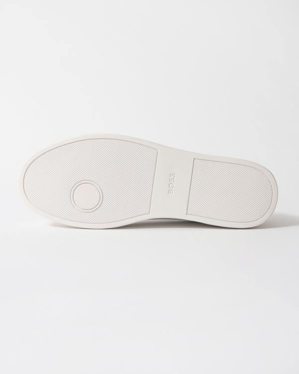 sole studio shot of BOSS Orange Kieran Mens Grained-leather trainers with rubber sole in White 100