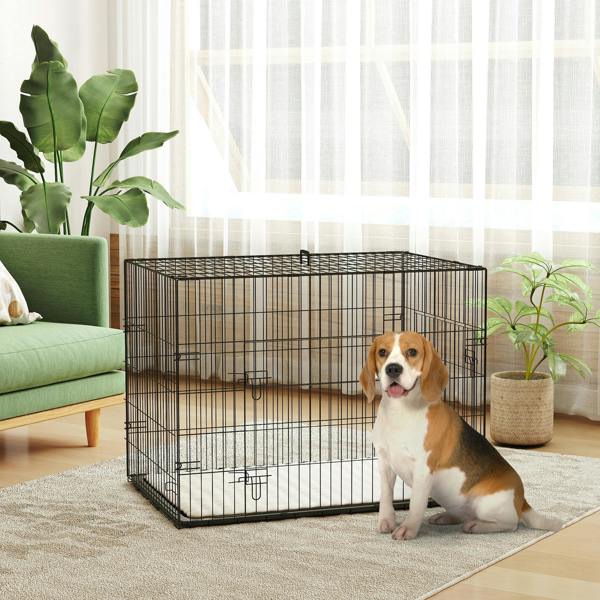 PawHut Dog Crate with Two Doors, Tray, Soft Cushion, for Large Dogs, Black