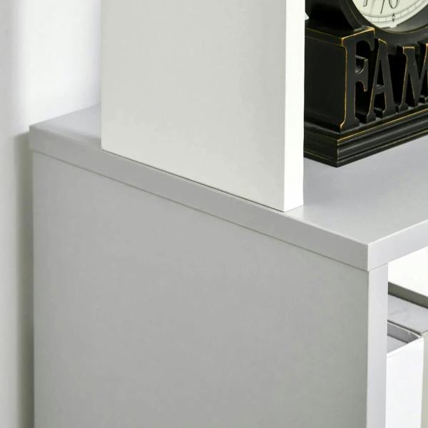 Close-up of white bookshelf base corner and lower panel for 5-tier storage.
