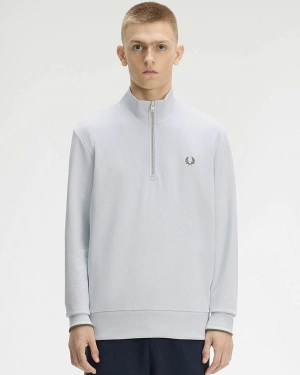 Fred Perry Mens Half Zip Sweatshirt - Dusky Blue/Ecru/Laurel Wreath Green 80B | CHO | Designer Mens Sweatshirts