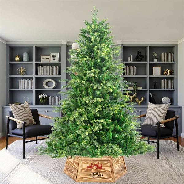 31.5 inch Hexagon Wooden Christmas Tree Collar with Burnt Finish for Festive Tree Stands image 1