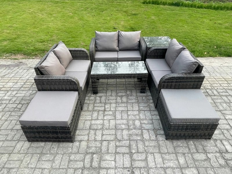 Fimous 7-Piece Rattan Garden Furniture Set - Dark Grey Mixed Wicker Sofa with Rectangular Coffee Table & 2 Big Footstools