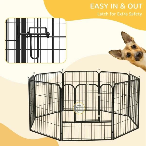 Black wire puppy playpen with front latch gate and close-up latch detail