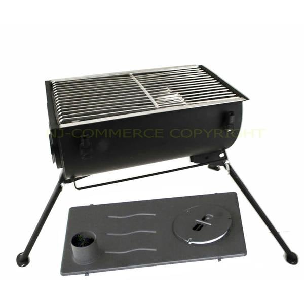Portable grill with a black base and metal grid on a white background