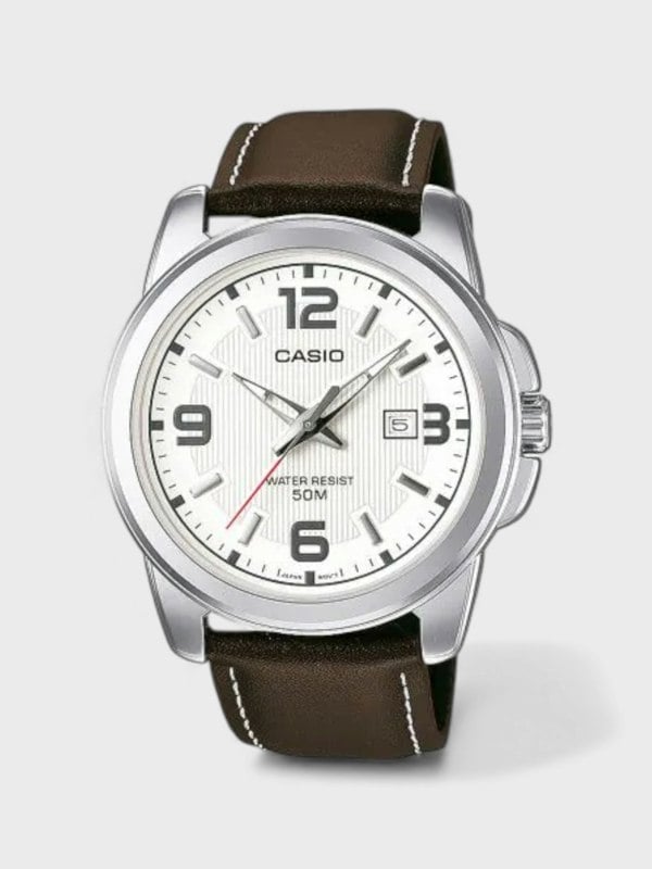 Casio Analogue MTP White Dial Watch Brown