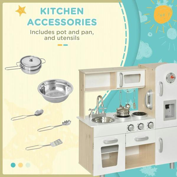 Wooden pretend play kitchen in white with stovetop, sink, and included cookware accessories