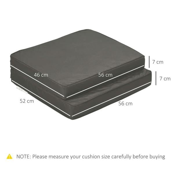Dark gray cushion pair stacked, with size measurements for seat and back pads