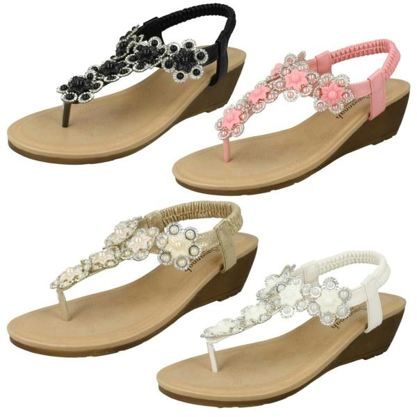 Savannah Ladies Savannah Mid Wedge Toepost Flower Trim Sandals