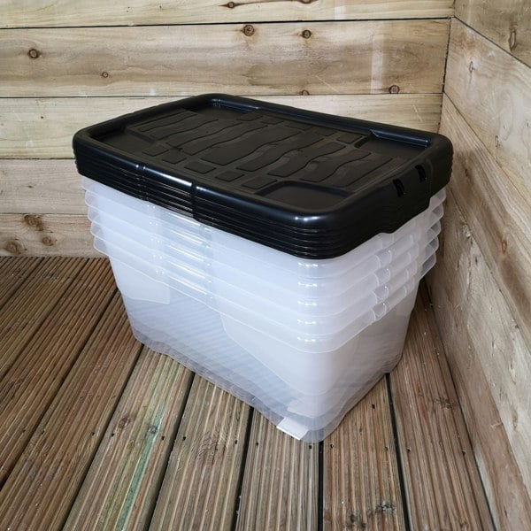 Samuel Alexander 6 x 42L Clear Storage Box with Black Lid, Stackable and Nestable Design Storage Solution