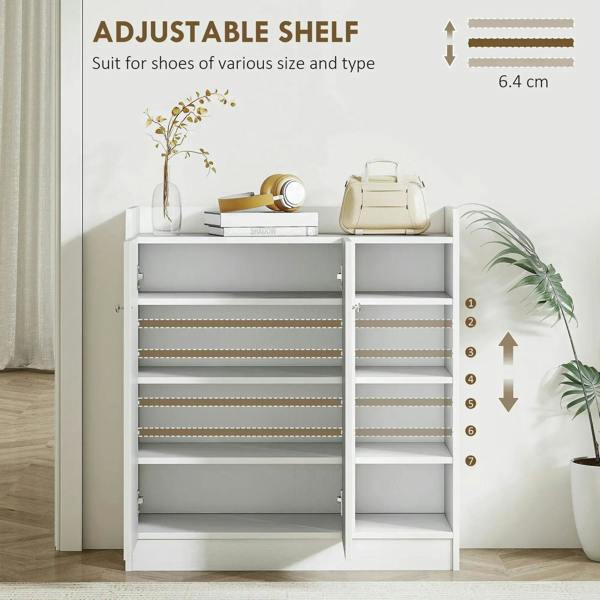 White shoe cabinet with adjustable shelves, open doors showing multi-level shoe racks.