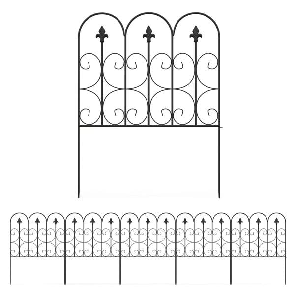 Black metal garden picket fence panel with fleur-de-lis tops and curled scrollwork