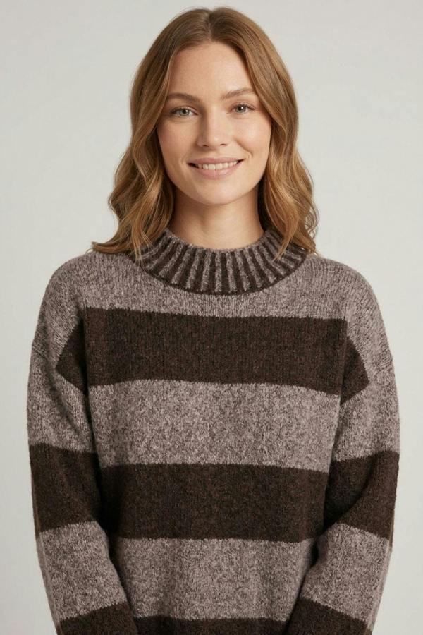 Chocolate | Striped Drop Shoulder High Neck Jumper