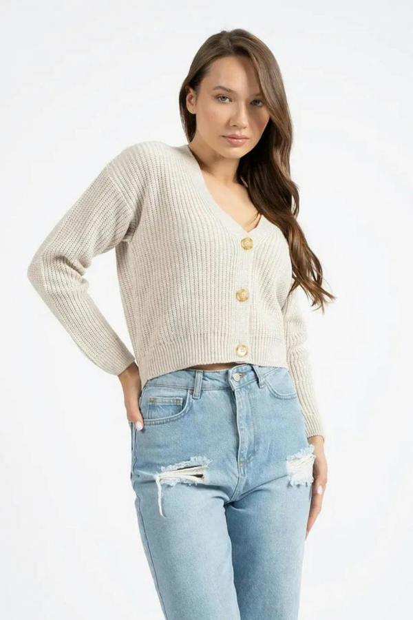Hoxton Gal Bonita Beige Buttoned Knit Cardigan