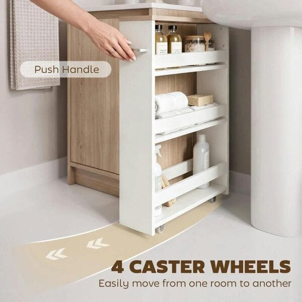 Bobobiy Storage Cart, 4-Tier Compact Storage Trolley on Wheels and Handle, 48W x 15D x 80H cm, White