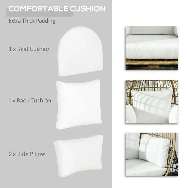White chair cushion set: seat, back cushion, and two side pillows for an egg chair