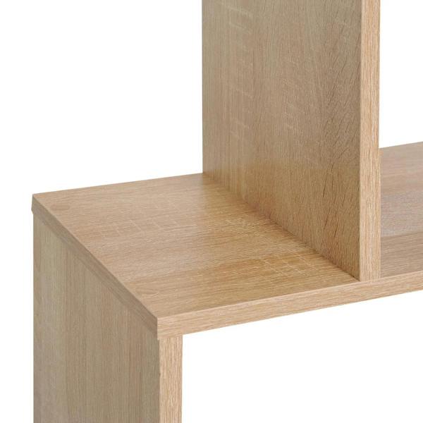 Close-up of oak bookshelf corner showing a thick shelf board and upright side panel