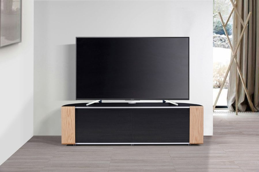 MDA Designs Sirius 1600 TV Cabinet Gloss Black Stand with BEAMTHRU Remote-Friendly Glass Door, Walnut/Oak Trims for TVs up to 70” TV