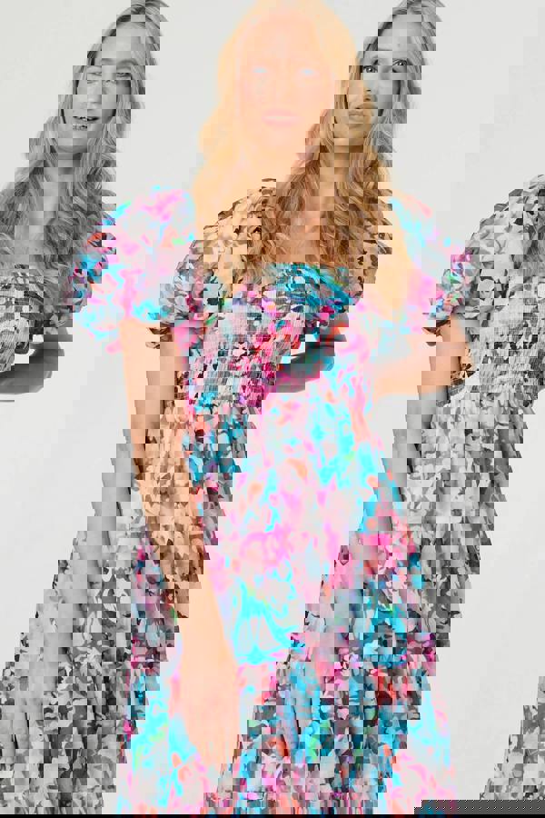 Pink | Abstract Puff Sleeve Shirred Midi Dress