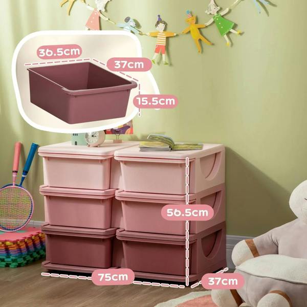 Pink six-drawer storage unit with six bins, showing interior depth and overall dimensions