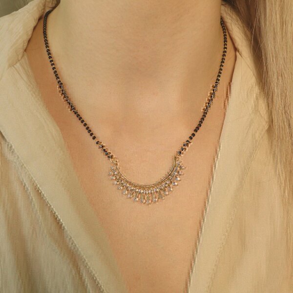 The Colourful Aura Indian Nazaria Gold Sunburst Zircon Mangalsutra Black Beads Pendant Necklace