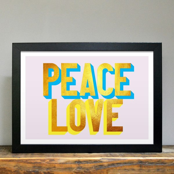 Hands & Hearts Peace and Love golden words art print