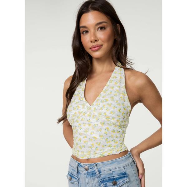 Pink Vanilla Lemon Printed Lace Halter Neck Top
