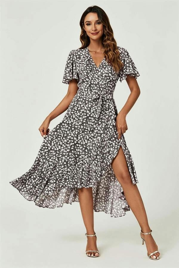 FS Collection Floral Print Midi Wrap Dress In Black