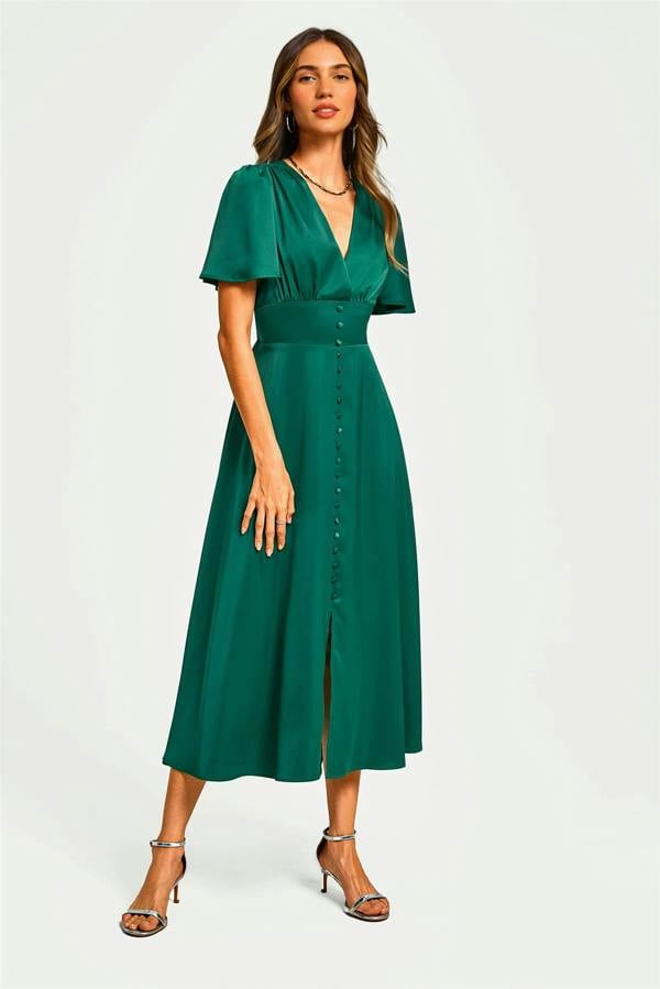 FS Collection Satin V neckline Button Detail Dress In Green