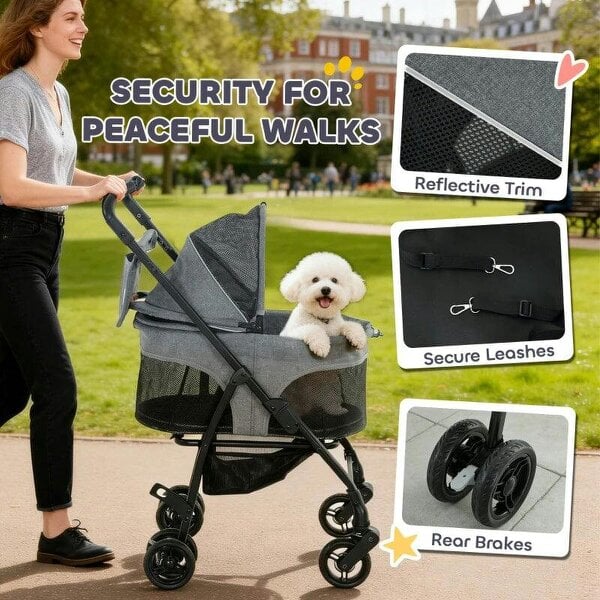 Pet Stroller, Foldable Dog Cat Stroller with Detachable Carrier, Wheels, Storage Basket, Secure Leash