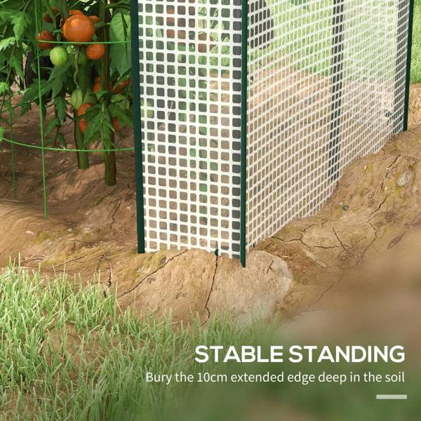 White mini greenhouse base edge with anchored side wall on soil