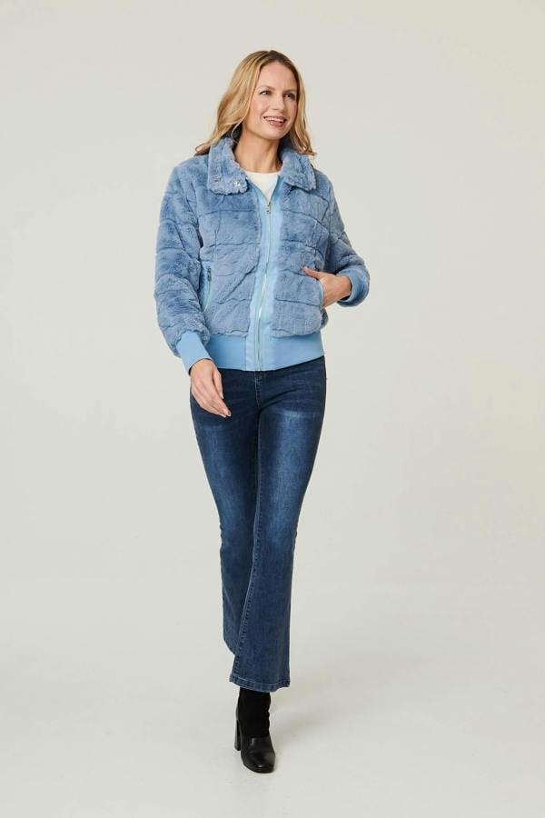 Blue | Faux Fur Zip Front Jacket