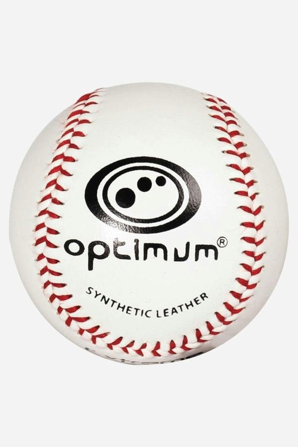 White Optimum baseball with red stitching, black logo and Synthetic Leather text, on white - Optimum