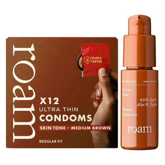 Roam Medium Brown Skin Tone Condoms 12 Pack - with Front Lube 20ml - Regular Fit