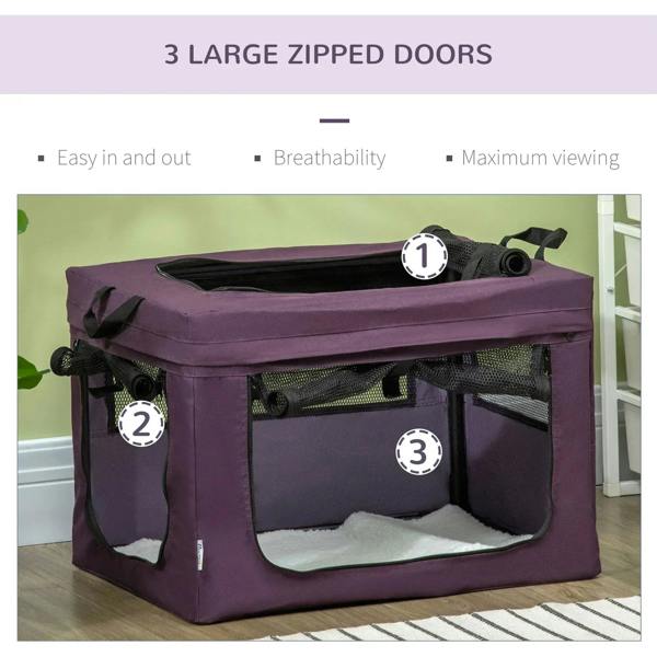Purple pet carrier with three large zipped doors on mesh sides and white cushion