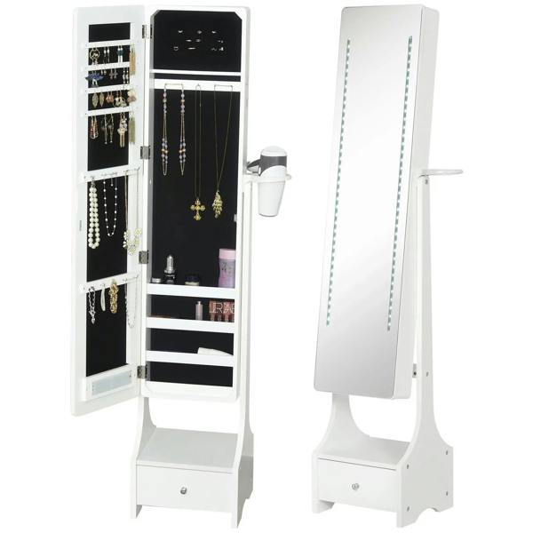 White full-length free-standing mirror jewelry cabinet with LED lights and storage shelves