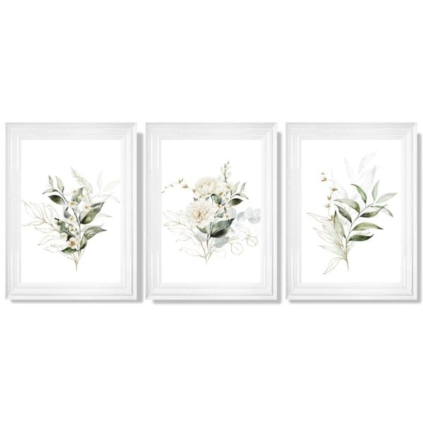 White an Green Floral Bouquets Set of 3 Framed Art Prints with Glossy White Frames
