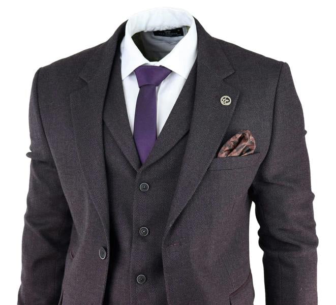 TruClothing Mens Purple Plum 3 Piece Tweed Herringbone Suit Peaky Blinders Classic Tailored