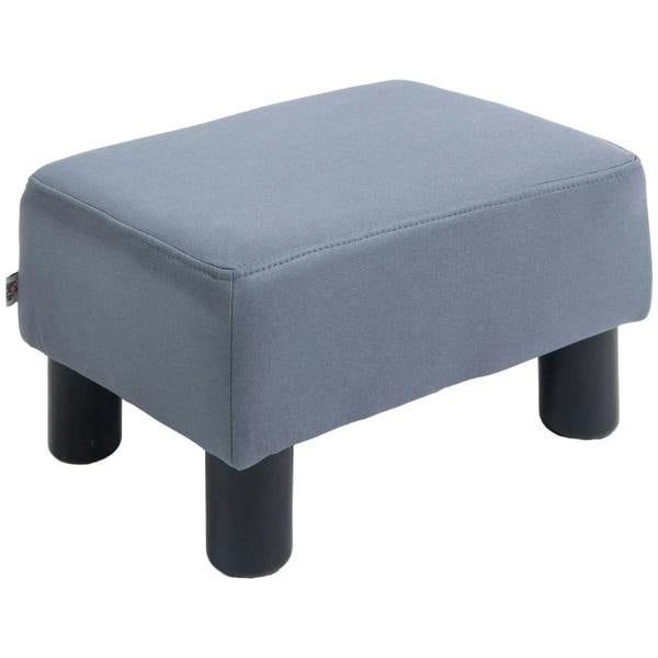 Small grey rectangle upholstered footstool with foam padding and dark legs
