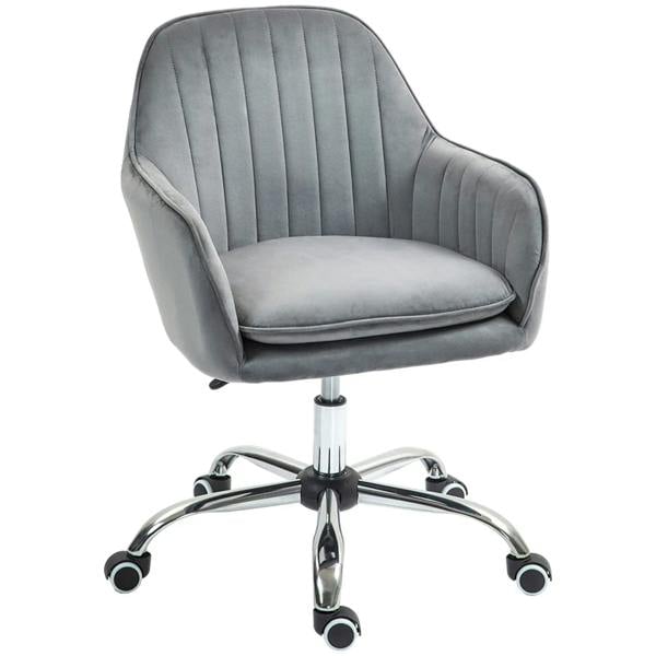Grey velvet-feel swivel desk chair with curved armrests, cushioned seat, and rolling casters