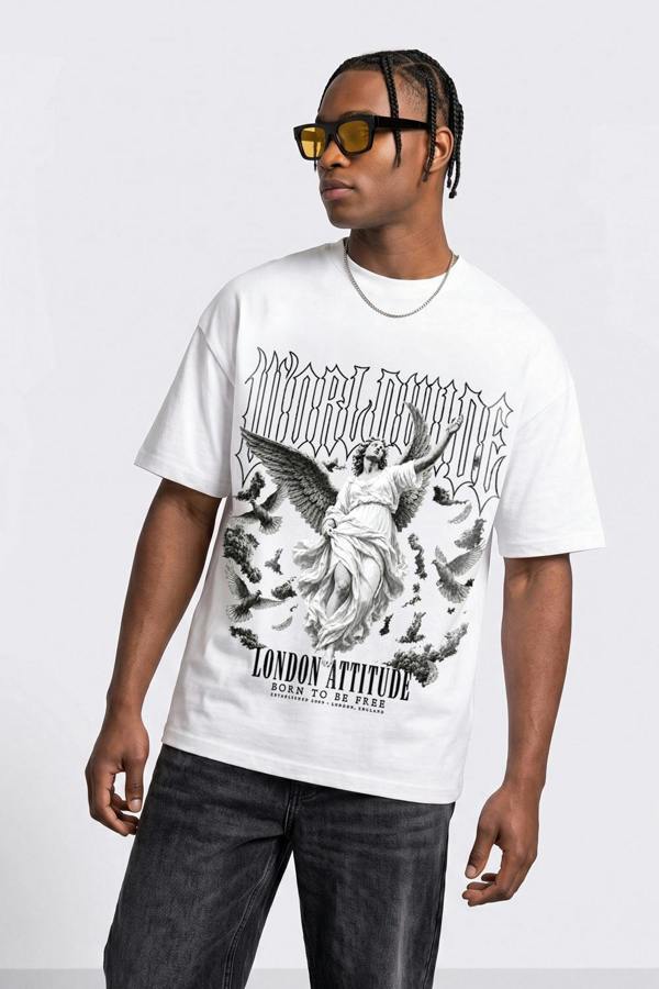 London Attitude Worldwide Angel Oversized Heavyweight Graphic T-Shirt in White