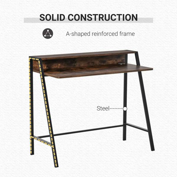 Rustic brown writing desk with A-shaped reinforced black steel frame
