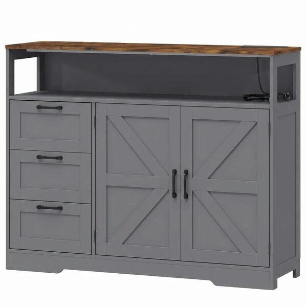 Sideboard Cabinet with Power Outlet, Farmhouse Kitchen Cabinet with 3 Drawers and Open Shelf, Grey