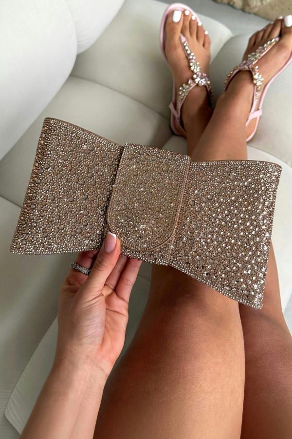 Crystal Luxe Bow Clutch Bag Rose Gold featuring statement bow silhouette