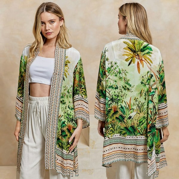 ANGELEYE Deluxe Luxurious Viscose Crepe Bordered Midi Kimono in Premium Tropical Print