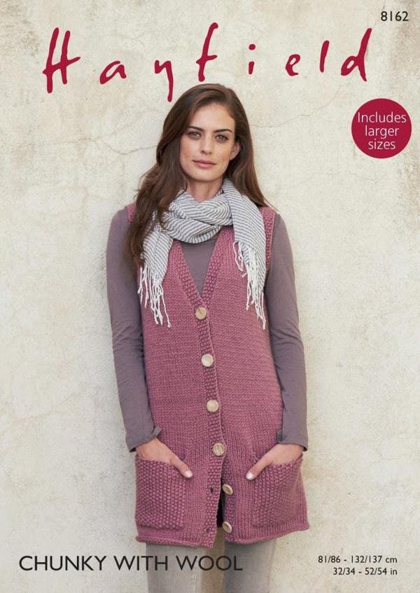 Hayfield Chunky with Wool Knitting Pattern 8162, Waistcoats for Women, 32 - 54 Inches