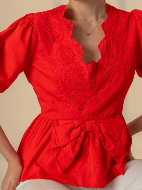 Rose & Nancy Haillie Coral Red Lace Trim Bow Blouse