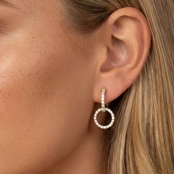 Double Hoop Pavé Earrings With Round Removable Charms in 18k Gold or Silver